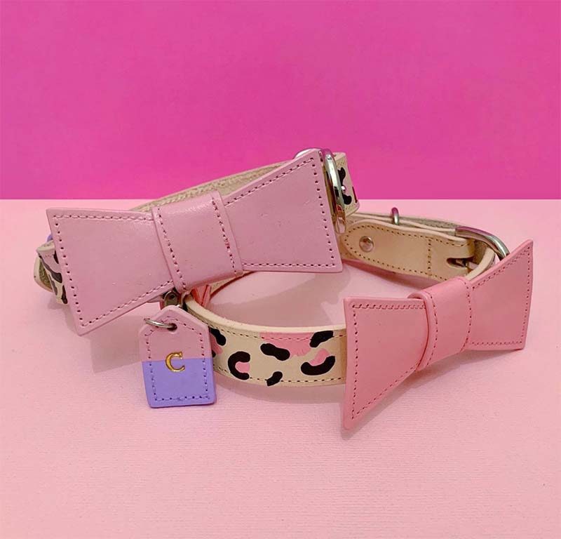 Pink leather dog collars with bow