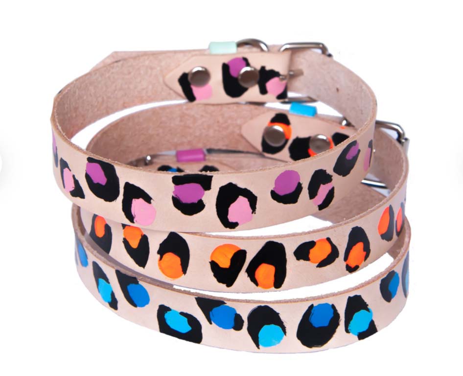 Leather design dog colours, pink, orange, blue, tan