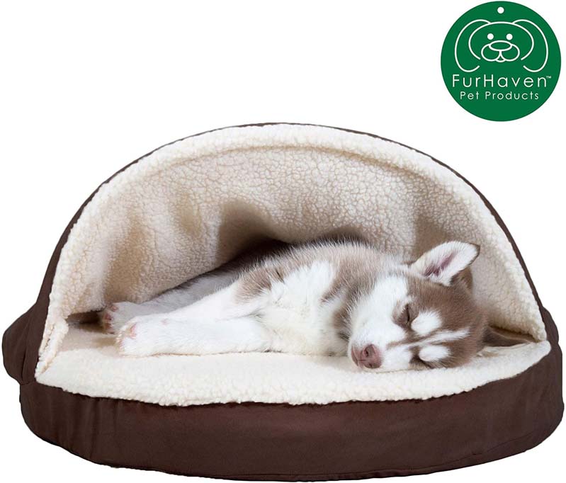 Husky sleeping in a dog cave bed