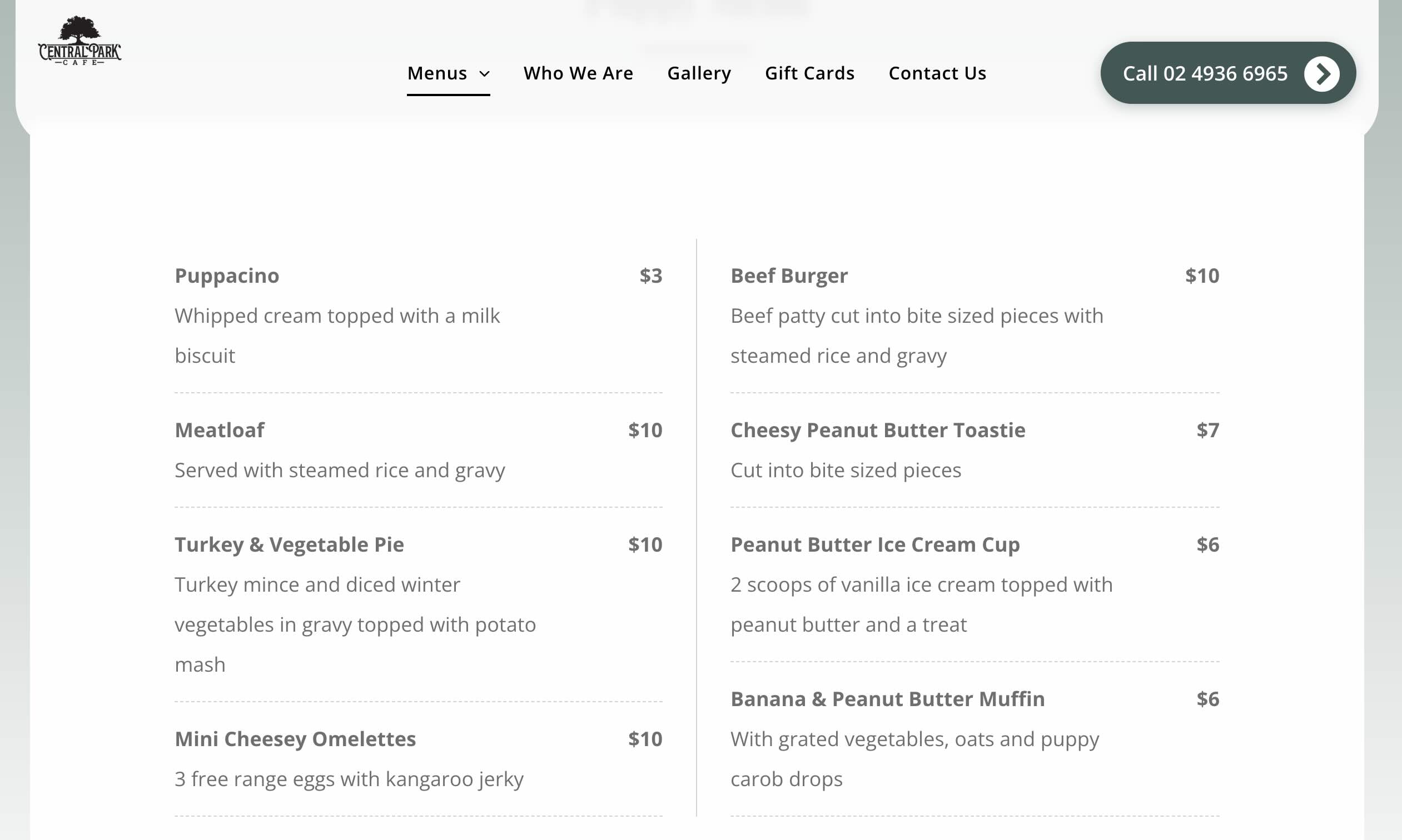 Where to Eat in September (With a Dog) *NSW Special* Puppy menu at Central Park Cafe in Maitland